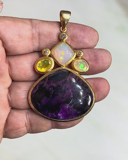 Top Sugilite with Ethiopean Opals and Diamonds 18K Gold Plated over 925 Silver