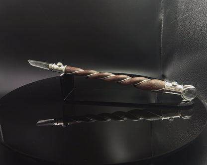 Medium Natural Wood Master Wand with Natural Himalayan Quartz Point, Rainbow Moonstone Accents, Quartz Sphere with Black Velvet Bag