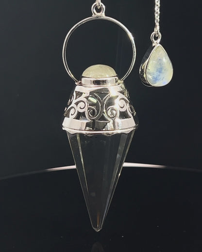 Vogel Cut Crystal Point w/ Rainbow Moonstone Cabochons in Fancy .925 Silver Setting w/ Cutwork Design as a Pendulum
