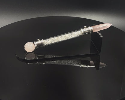 Rose Quartz Pocket Power Wand in .925 silver, with Herkimer Diamond filler, CZ Accents and Rose Quartz Sphere in Green Velvet Bag