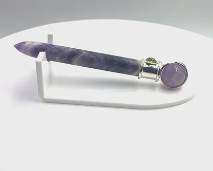 Amethyst Simple Wand Silver Plated with Peridot Accent, Amethyst Ball in Blue Velvet Bag