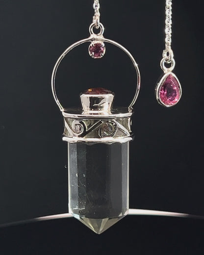 Straight 12 facet Crystal Point w/ Facetted Red Turmaline Accents in .925 Silver Setting w/ Fancy Cutwork Patterns as a Pendulum
