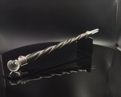 Medium Natural Wood Wand with 2 Garnet Accents and Crystal Sphere and Point in Silver Plated German Silver setting