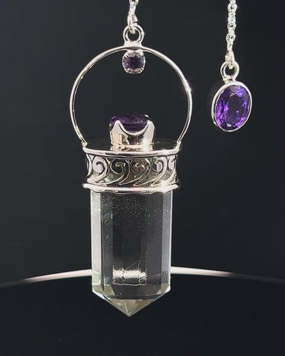Straight 12 facet Crystal Point w/ Facetted Amethyst Accents in .925 Silver Setting w/ Fancy Cutwork Patterns as a Pendulum