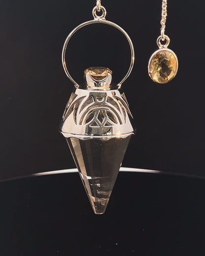 Vogel Cut Crystal Point with Facetted Citrines in Fancy .925 Silver Setting with Cutwork Design as a Pendulum