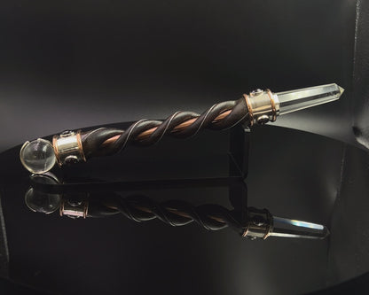 Fire & Water Natural Wood Wand with Copper Core, Copper Rims, Quartz Sphere, in 925 Silver with 6 Garnet Accents with Maroon Velvet Bag