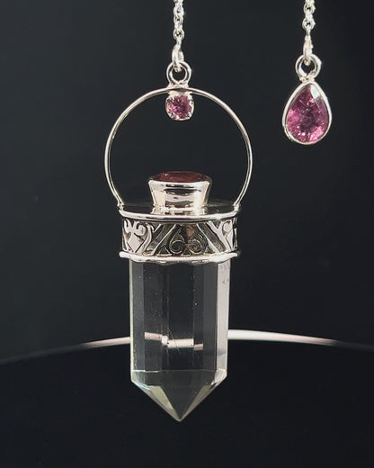 Straight 12 facet Crystal Point w/ Facetted Red Turmaline Accents in .925 Silver Setting w/ Fancy Cutwork Patterns as a Pendulum