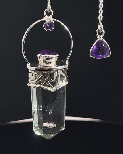 Straight 12 facet Crystal Point w/ Facetted Amethyst Accents in .925 Silver Setting w/ Fancy Cutwork Patterns as a Pendulum