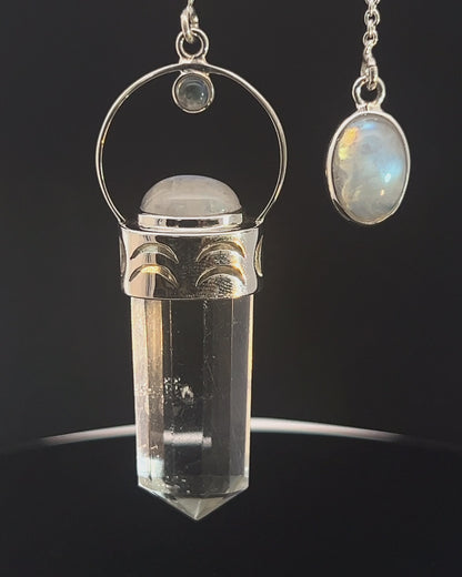 Straight 12 facet  Crystal Point w/ Rainbow Moonstone Cabochons Accents and Finger Loop in Fancy .925 Silver Setting w/ Moon Cutwork Design as a Pendulum