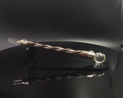 Small Natural Wood Wand with 2 Amethyst Accents and Crystal Sphere and Point in Silver Plated German Silver Setting