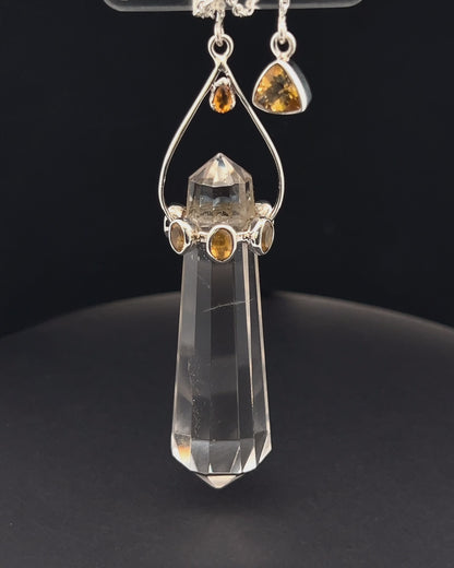Vogel Cut Double Terminated Crystal Point w/ 8 Facetted Citrines in .925 Silver Setting  as a Pendulum