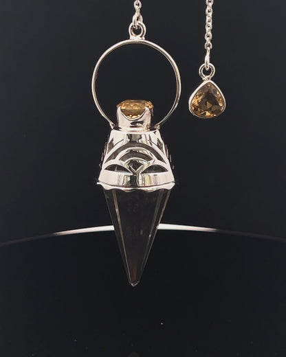 Vogel Cut Crystal Point with Facetted Citrines in Fancy .925 Silver Setting with Cutwork Design as a Pendulum