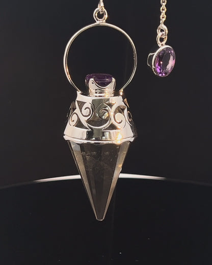 Vogel Cut Crystal Point w/ Facetted Amethysts in Fancy .925 Silver Setting w/ Cutwork Design as a Pendulum
