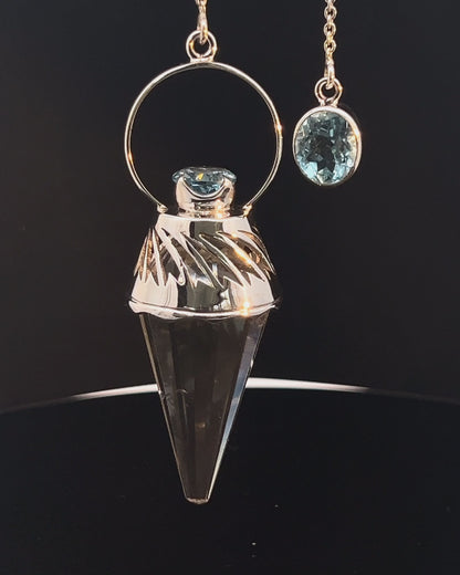 Vogel Cut Crystal Point w/ Facetted Blue Topaz in Fancy .925 Silver Setting w/ Cutwork Design as a Pendulum (Copy)