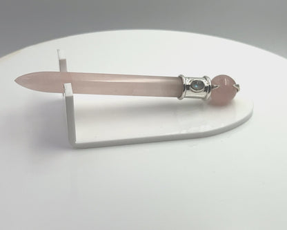 Rose Quartz Simple Wand Silver Plated with Rainbow Moonstone Accent,  Rosequartz Ball in Green Velvet Bag