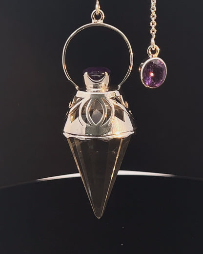 Vogel Cut Crystal Point with Facetted Amethysts in Fancy .925 Silver Setting with Cutwork Design as a Pendulum