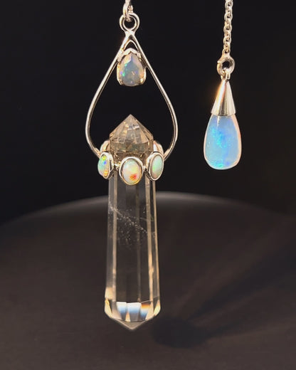 Vogel Cut Double Terminated Crystal Point w/ 7 Facetted  Ethiopian Opals and Opal Drop in .925 Silver Setting  as a Pendulum