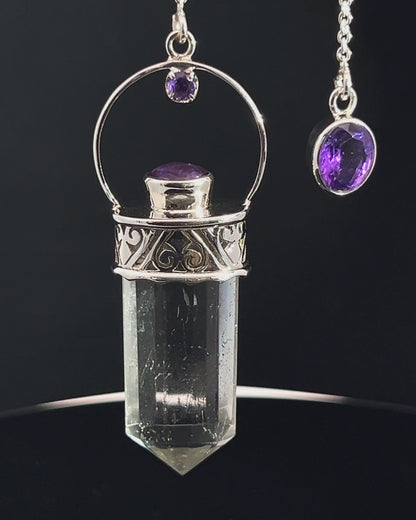 Straight 12 facet Crystal Point w/ Facetted Amethyst Accents in .925 Silver Setting w/ Fancy Cutwork Patterns as a Pendulum