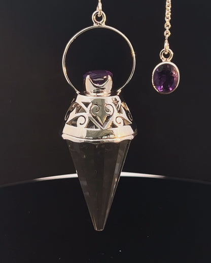 Vogel Cut Crystal Point with Facetted Amethysts in Fancy .925 Silver Setting with Cutwork Design as a Pendulum