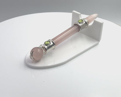 Rose Quartz Pocket Rocket in Silver Plating with Peridot Accent, RQ Ball in Green Velvet Bag