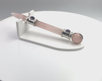Rose Quartz Pocket Rocket in Silver Plating with Amethyst Accent, Rose Quartz Ball in Green Velvet Bag