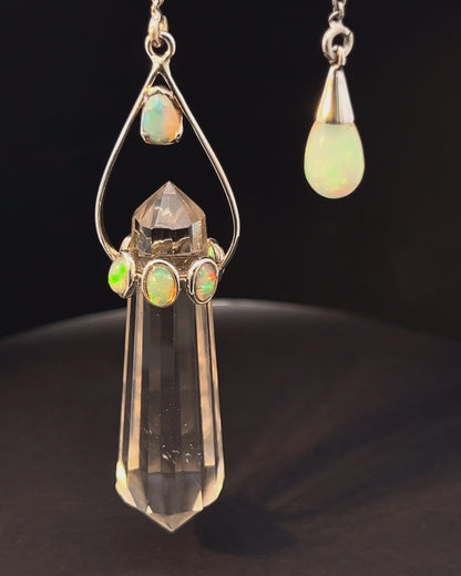 Vogel Cut Double Terminated Crystal Point w/ 7 Facetted  Ethiopian Opals and Opals Drop in .925 Silver Setting  as a Pendulum