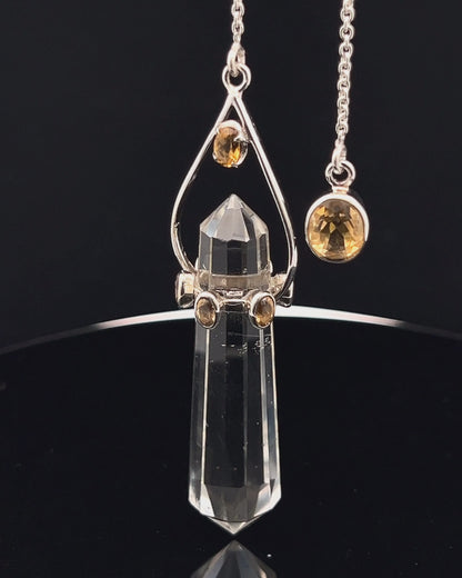 Vogel Cut Double Terminated Crystal Point w/ 8 Facetted Citrines in .925 Silver Setting  as a Pendulum
