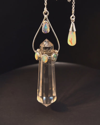 Vogel Cut Double Terminated Crystal Point w/ 7 Facetted  Ethiopian Opals and Opals Drop in .925 Silver Setting  as a Pendulum