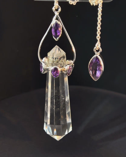 Vogel Cut Double Terminated Crystal Point w/ 8 Facetted Amethysts in .925 Silver Setting  as a Pendulum