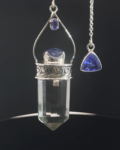 Straight 12 facet Crystal Point w/ Facetted Tanzanite  & Diamond Accents in .925 Silver Setting w/ Fancy Cutwork Design as a Pendulum