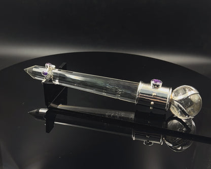 Amethyst Vogel Crystal Wand with 3 Open Lotus Sphere Setting 18 k accents